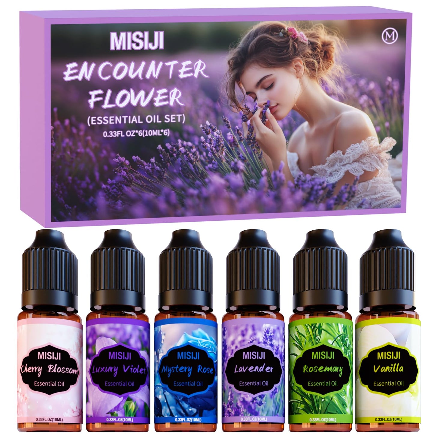 MISIJI Floral Essential Oils for Diffuser – 6x10mL (Cherry Blossom, Mystery Rose, Rosemary, Vanilla, Lavender, Luxury Violet)