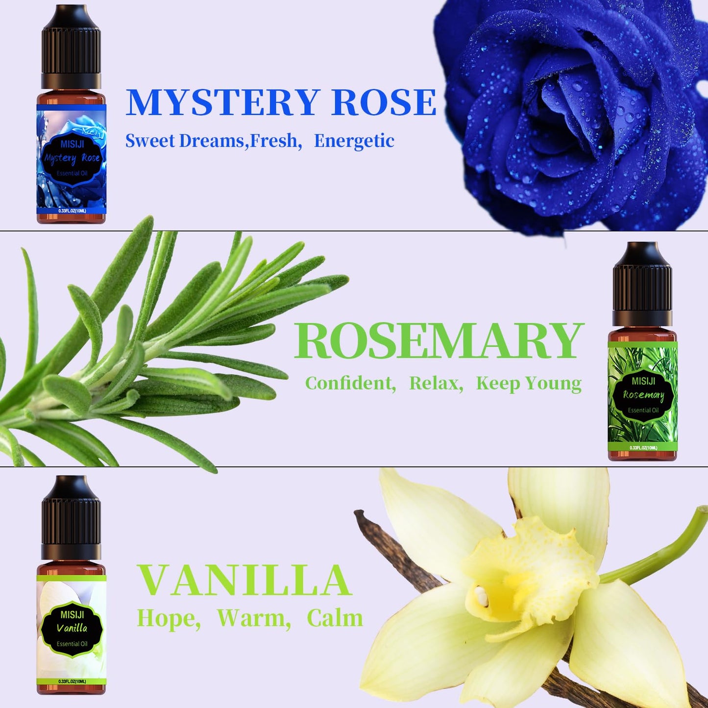 MISIJI Floral Essential Oils for Diffuser – 6x10mL (Cherry Blossom, Mystery Rose, Rosemary, Vanilla, Lavender, Luxury Violet)