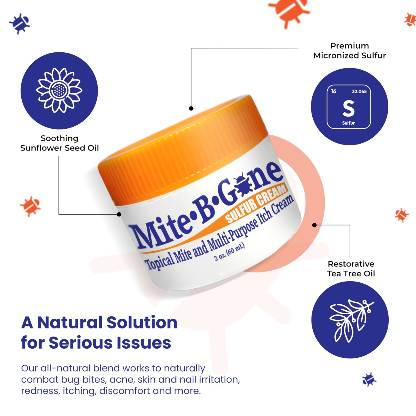 Mite-B-Gone Mite Cream & Bite Relief | Natural Sulfur for Itch & Irritation | Safe for Kids & Adults | 2oz
