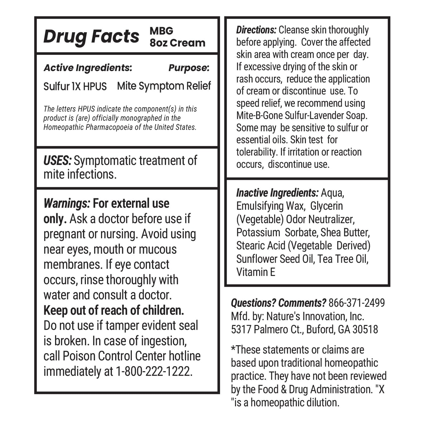 Mite-B-Gone Mite Cream & Bite Relief – Natural Sulfur for Bites & Itching | Safe for All Ages | 8 oz