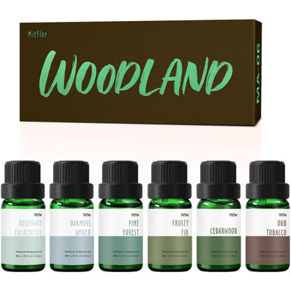 MitFlor Woodland Fragrance Oils – 6x10ml Scented Essential Oils for Diffusers, Candles, Soaps (Pine Forest, Cedarwood, Oakmoss Amber, Frosty Fir, Rosemary Eucalyptus, Oud Tobacco)