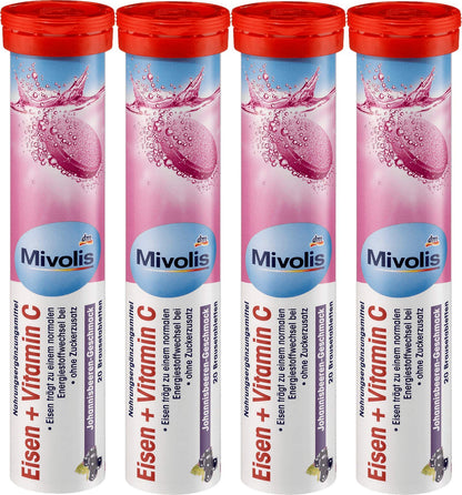 Mivolis Iron + Vitamin C Effervescent Tablets - 4 Packs x 20 Tablets | Germany