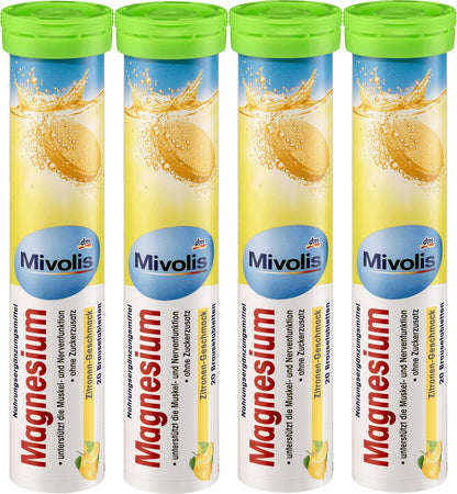 Mivolis Magnesium Effervescent Tablets - Dietary Supplements 4 Packs x 20 pcs | Germany