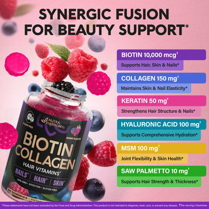 Biotin Gummies with Collagen - Hair, Skin & Nails | Sugar-Free, Mixed Berry, Pack of 2