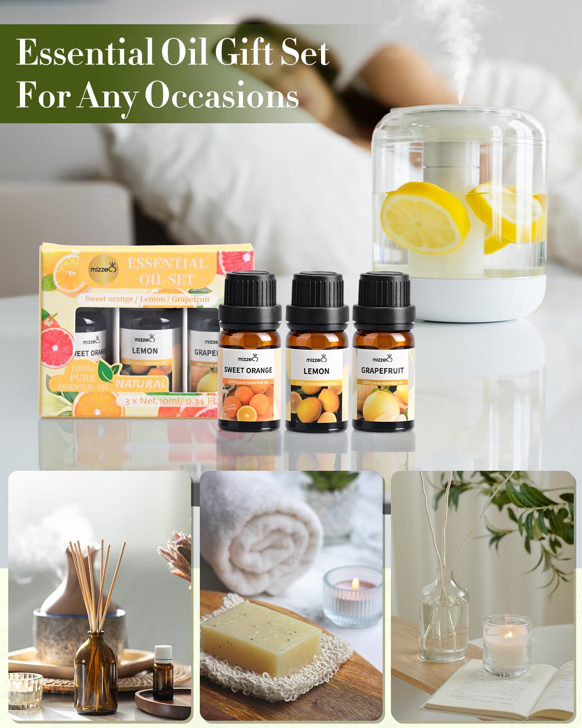 MIZZEO Fruity Essential Oil Set – 3x10ml Pure & Natural Diffuser Oils (Sweet Orange, Lemon, Grapefruit)