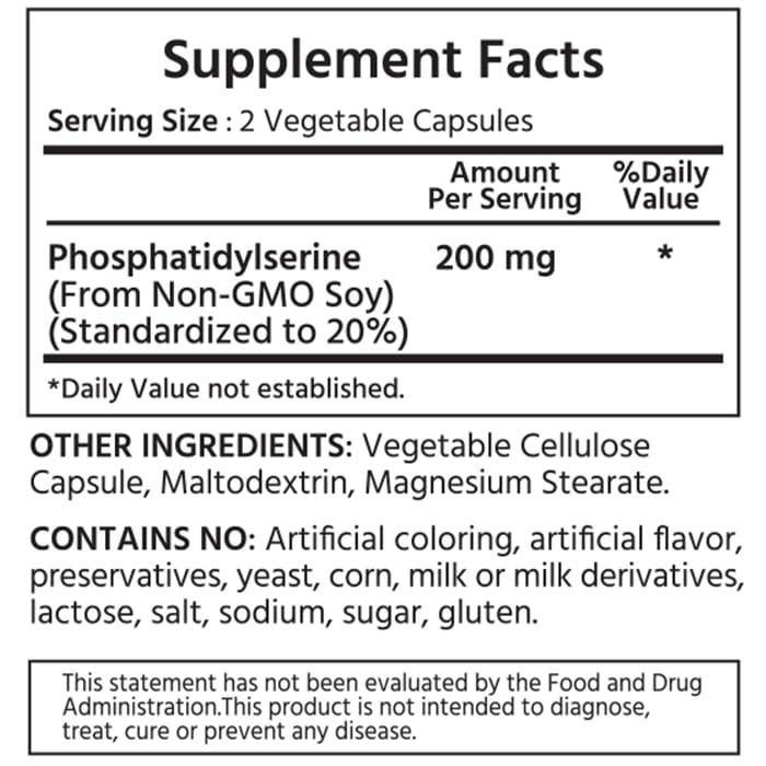 ML Naturals Phosphatidyl Serine 200 mg – 120 Veg Capsules | Supports Memory & Brain Function | Non-GMO, NSF-Certified, cGMP
