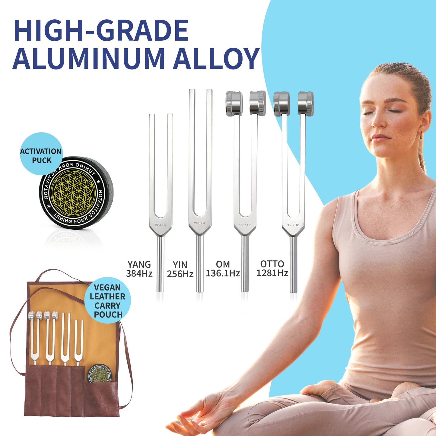 mllusxg Tuning Forks for Healing Set – 128Hz, 136Hz, 256Hz, 384Hz + Activator (Red Pouch)