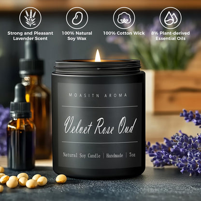 MOASITN Velvet Rose Oud Soy Candle – Handmade 7oz Aromatherapy Jar Candle | Long-Lasting Gift for Men & Women