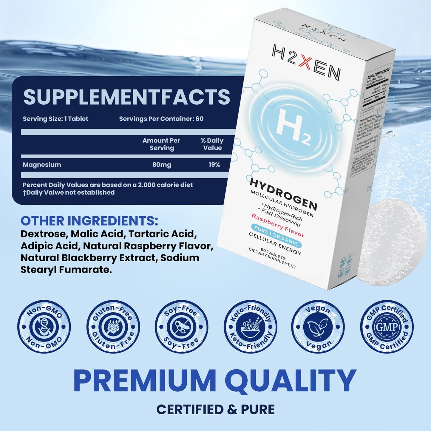 Hydrogen Water Tablets Raspberry – 8 PPM, 60 Count | With Magnesium