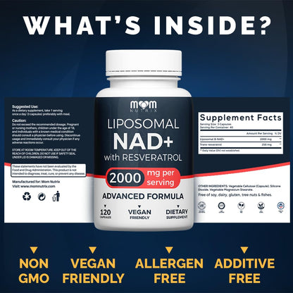 MOM NUTRIX Liposomal NAD+ + Resveratrol – 2000 mg NAD+ | 120 Capsules | Made in USA