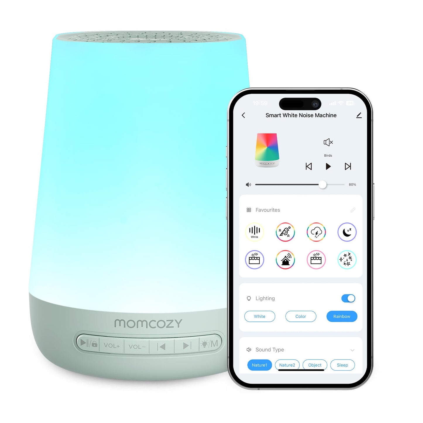 Momcozy Baby Sound Machine with Night Light — 34 Soothing Sounds & App Control (Green)