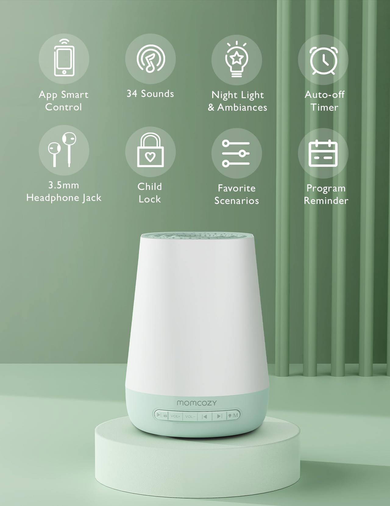 Momcozy Baby Sound Machine with Night Light — 34 Soothing Sounds & App Control (Green)