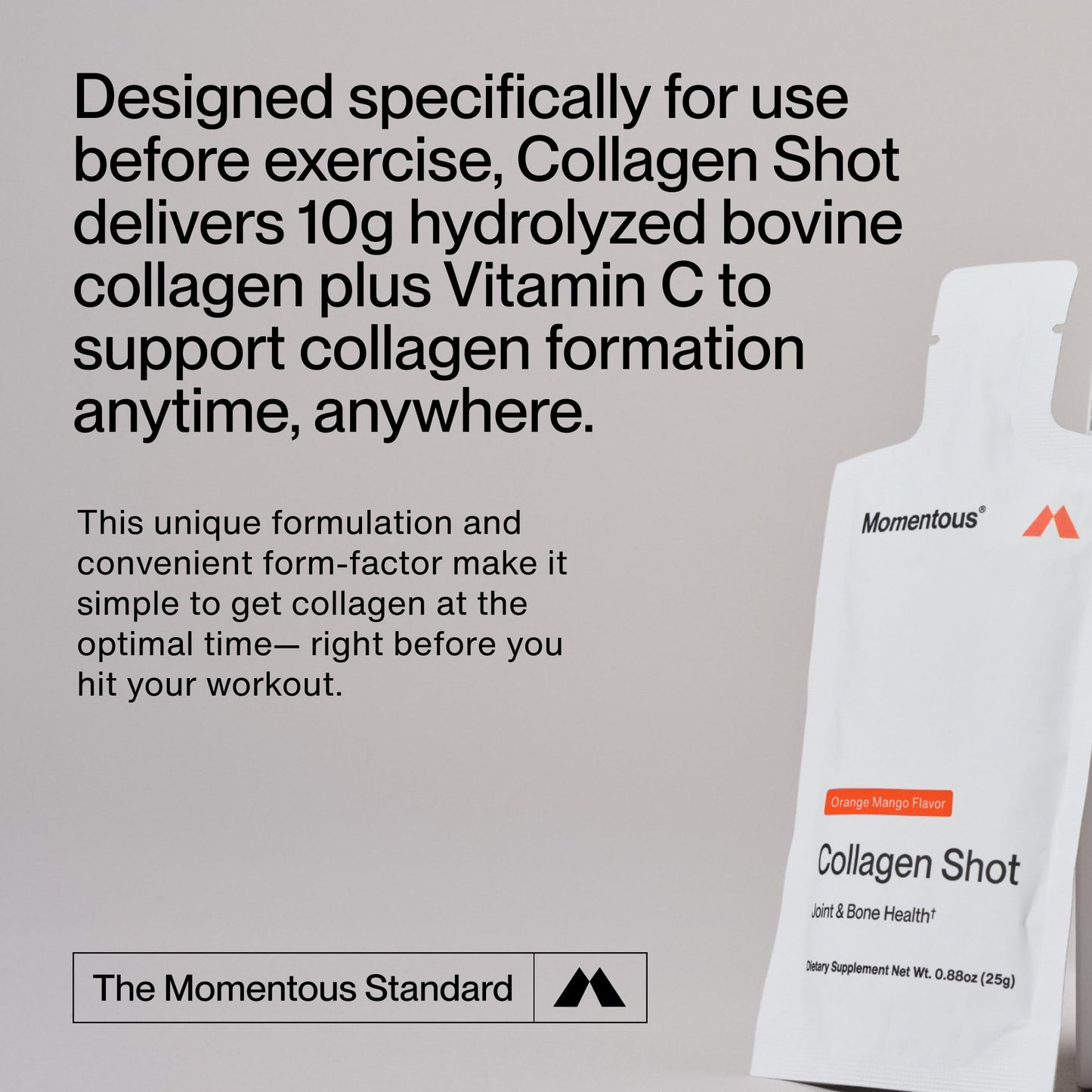 Momentous Collagen Shot - Hydrolyzed Collagen + Vitamin C, NSF Certified for Sport, Orange Mango, 15 Servings