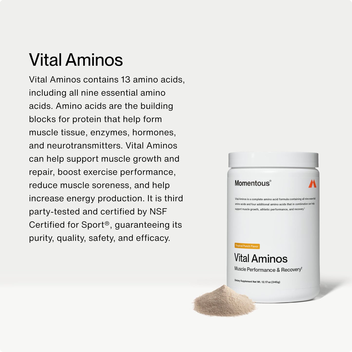 Momentous Vital Aminos Powder – 13 Amino Acids (EAAs + extras) | BCAA & EAA | Tropical Punch | NSF Certified for Sport | GMO & Gluten-Free | 30 Servings