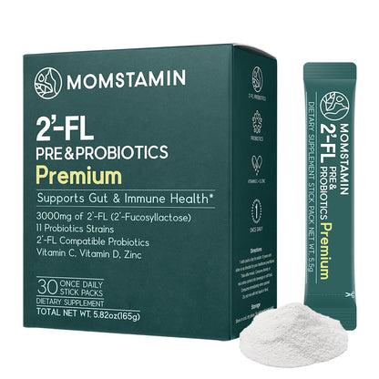 MOMSTAMIN Premium 3,000mg HMO 2'-FL Prebiotic Probiotic Powder – Immunity & Gut Health (30 Sticks)