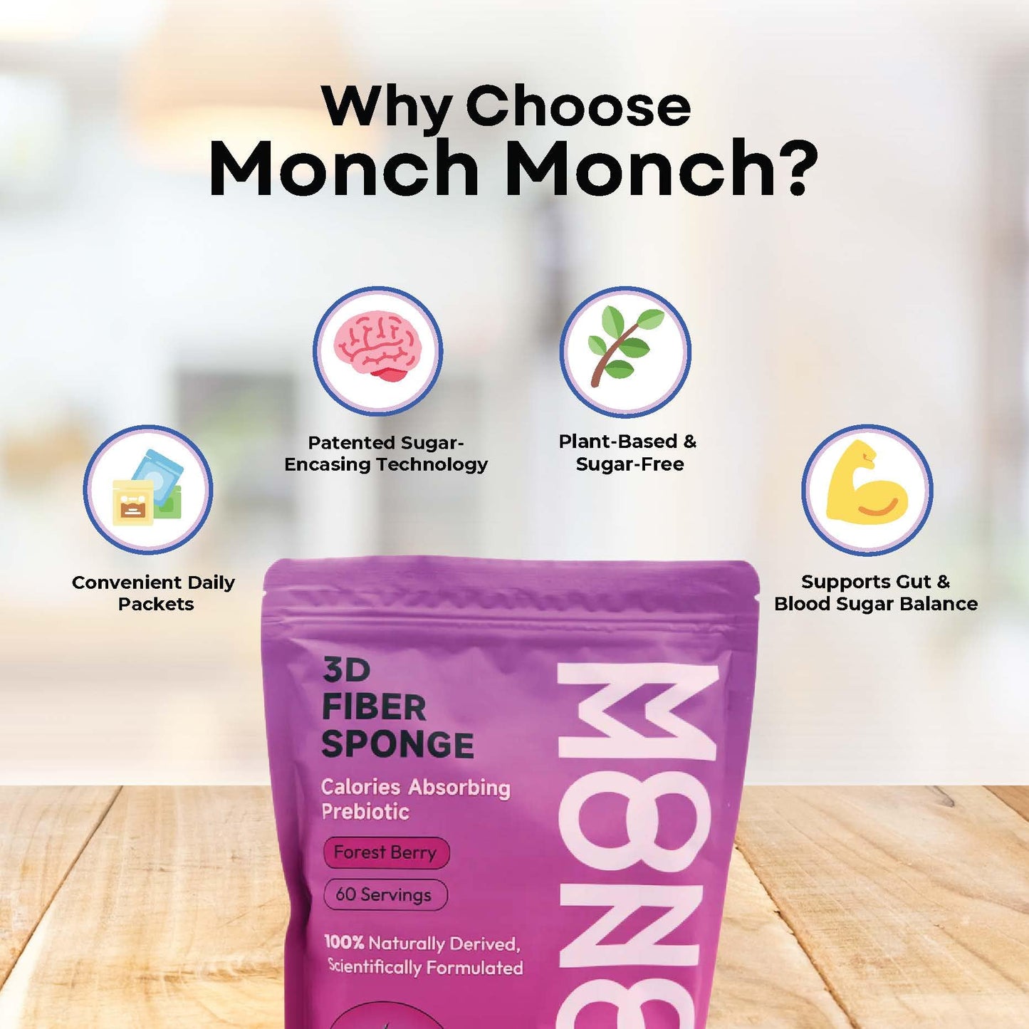Monch Monch Calorie Absorbing Fiber Sponge – Forest Berry, 60 Ct – Vegan Konjac Gum + Prebiotic Fiber for Gut Health & Blood Sugar Support