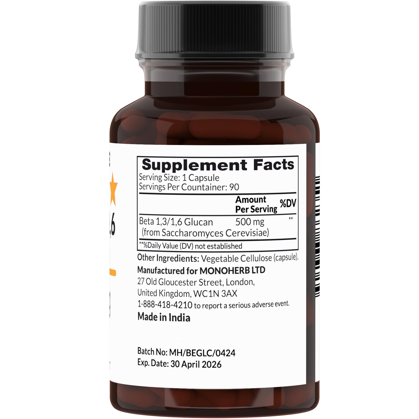 MONOHERB Beta 1,3/1,6 Glucan 500 mg - 90 Veg Capsules (Pack of 2) | 90 Servings