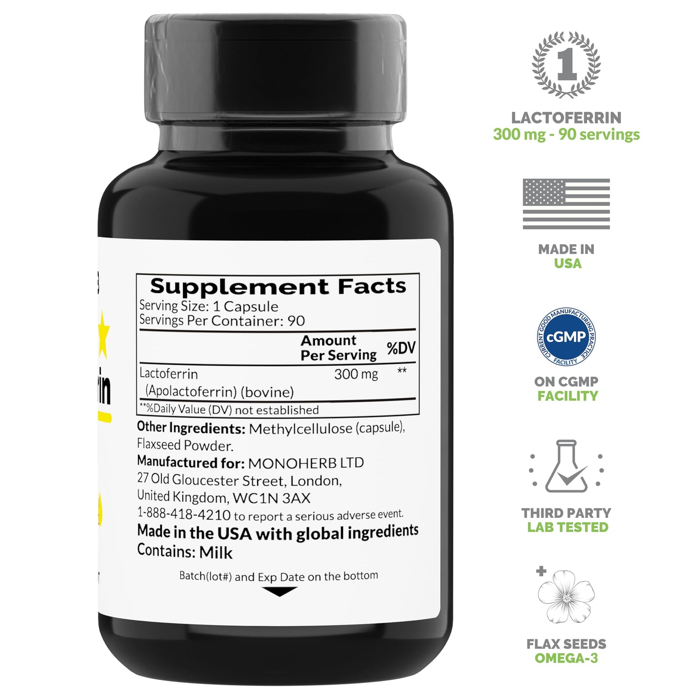 MONOHERB Lactoferrin 300 mg – 90 Vegetarian Capsules – Made in USA