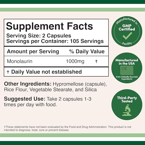 Monolaurin Immune Support – 1,000mg per Serving, 210 Capsules | Vegan, Non-GMO, Gluten Free | Immune Booster by Double Wood