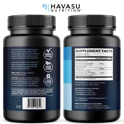 Saw Palmetto 500mg + L-Arginine 500mg — Prostate Health, Urinary Support & Endurance (60 Count) — Vegan, Non-GMO