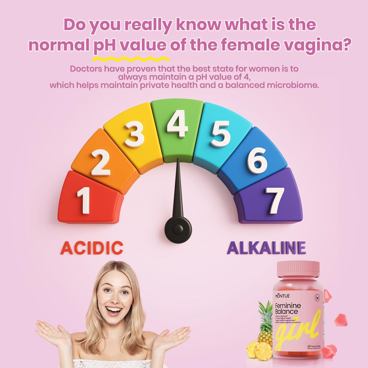 Montue Premium Diamond Feminine Balance Gummies - pH Balance with Prebiotics & Lactobacillus Probiotic Blend, Hawaiian Pineapple, Immune Support, Vegan & Non-GMO (60 Gummies)