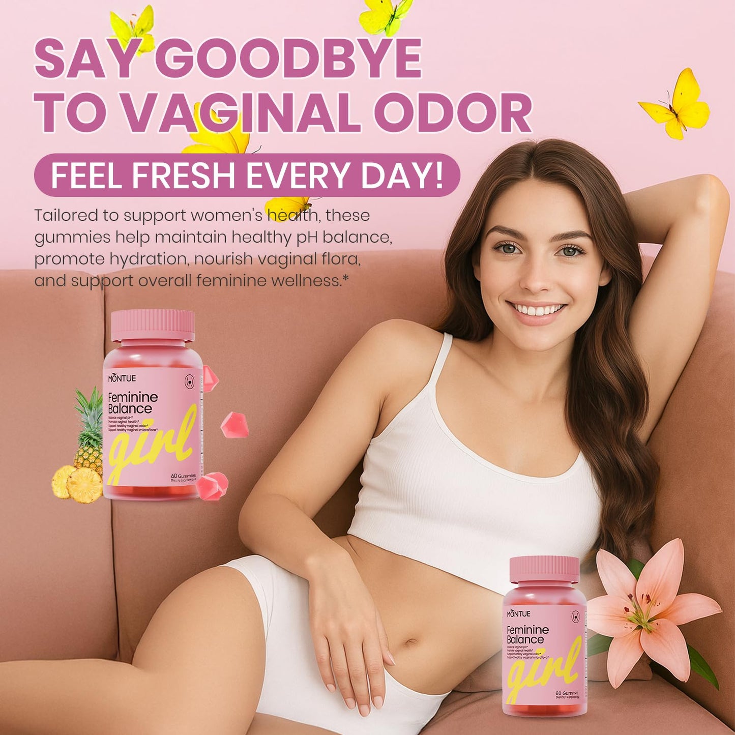Montue Premium Diamond Feminine Balance Gummies - pH Balance with Prebiotics & Lactobacillus Probiotic Blend, Hawaiian Pineapple, Immune Support, Vegan & Non-GMO (60 Gummies)