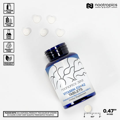 Nootropics Depot Vitamin D3 + K2 with Vitamin C Tablets – 60 Count | Mood & Bone Health