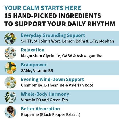 15-in-1 Mood Support Supplement - 5-HTP 200mg + L-Theanine, Magnesium & Ashwagandha