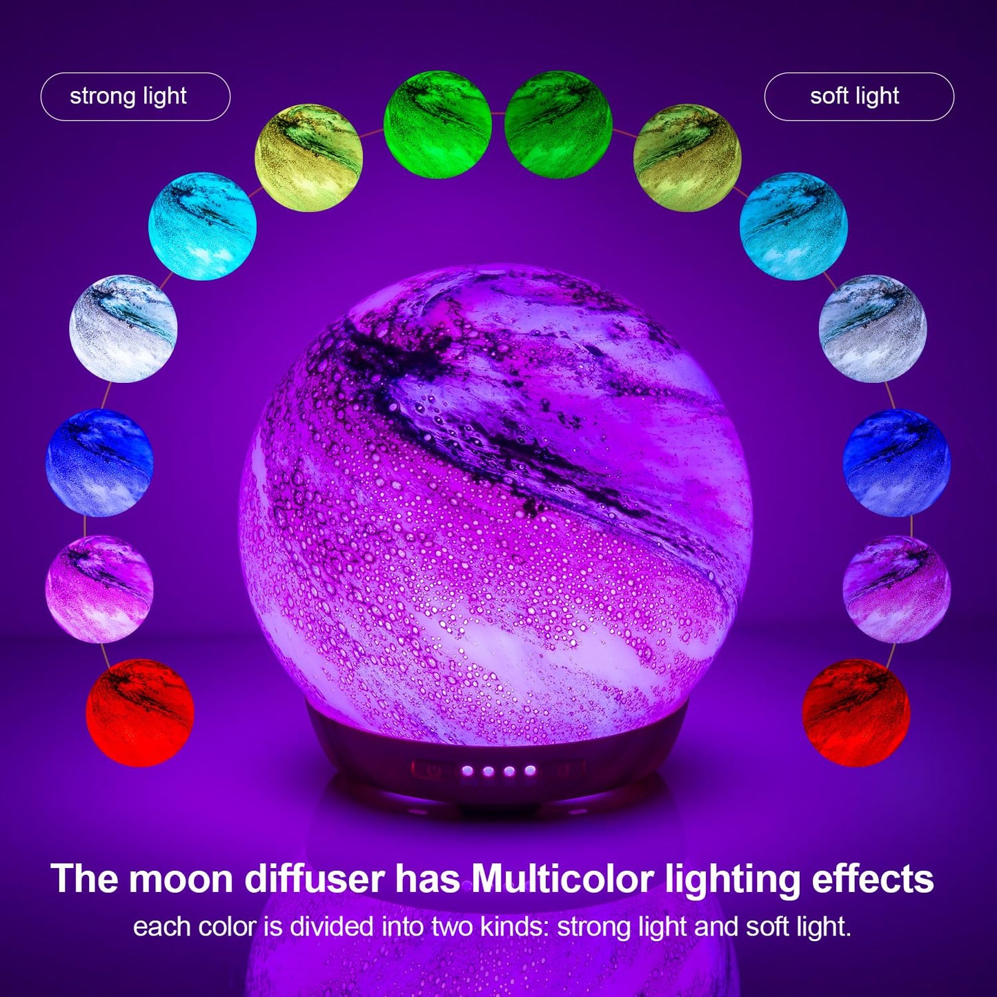 Moon Essential Oil Diffuser – Glass Cover, 250ml, 4 Timer Modes, 7 LED Colors
