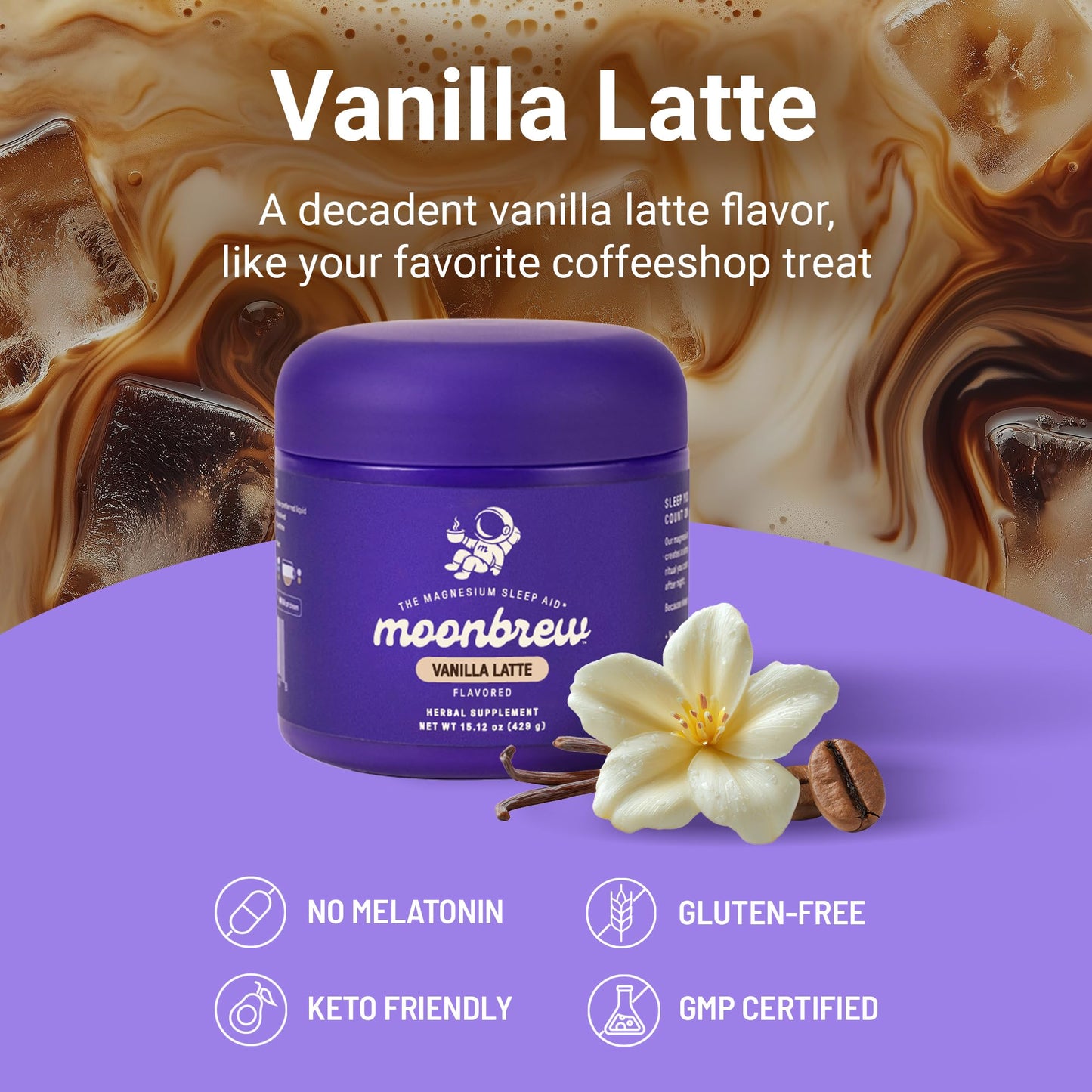 MoonBrew Nighttime Magnesium Vanilla Latte Mix — Melatonin-Free Sleep Drink with Magnesium Glycinate, L-Theanine & Chamomile
