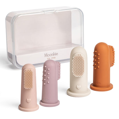 Moonkie Baby Finger Toothbrush Kit - 4 Pcs Small & Large for 3 Months+ | Blush/Pale Mauve, Clay/Ivory