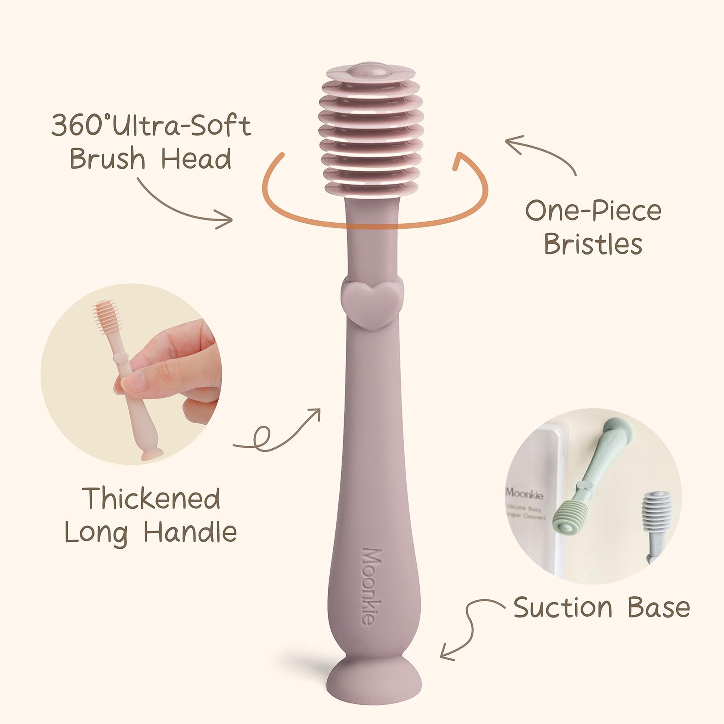 Moonkie Baby Tongue Cleaner & Toddler Toothbrush Kit (3 Months+) – Blush & Pale Mauve, 2 Pcs