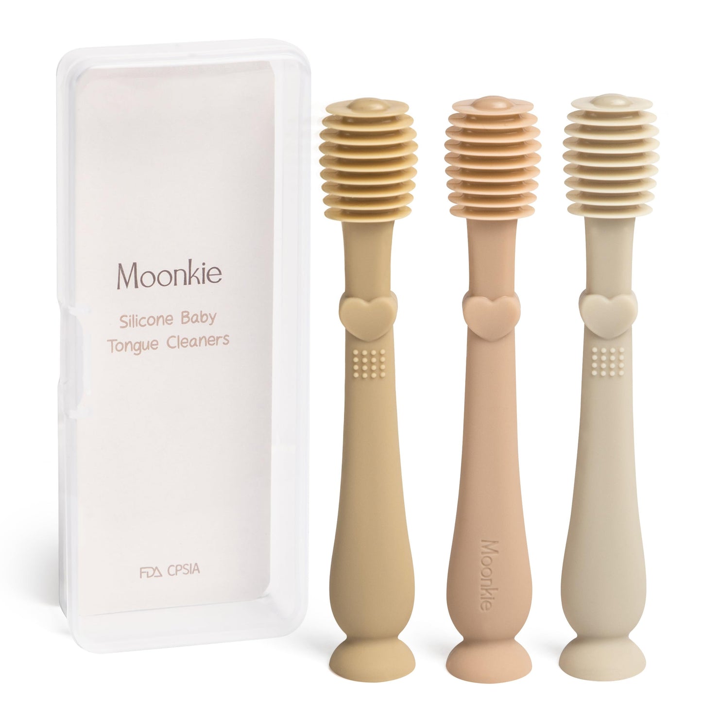 Moonkie Baby Tongue Cleaner – 3-Piece Newborn Kit (Croissant/Apricot/Sand)