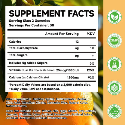 MOORGUMY Calcium Citrate Gummies 1200 mg & Vitamin D3 1000IU | Bone & Teeth Support (Orange) 60 Count