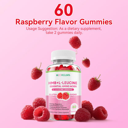 MOORGUMY HMB & L-Leucine Gummies – 2000mg L-Leucine, Calcium, Raspberry, 60 Count