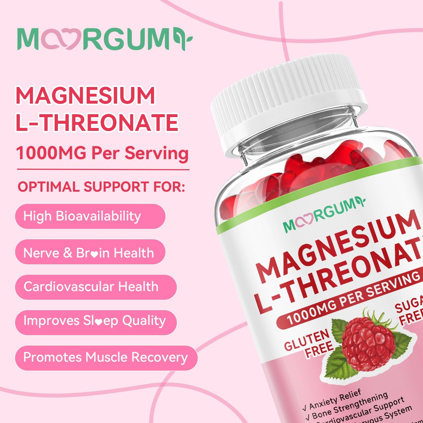 MOORGUMY Magnesium L-threonate, Memory Wellness, Cognitive Wellness and Zzz Support - High Absorption, 1,000mg Magnesium L-threonate Supplements, 120 Count Gummies