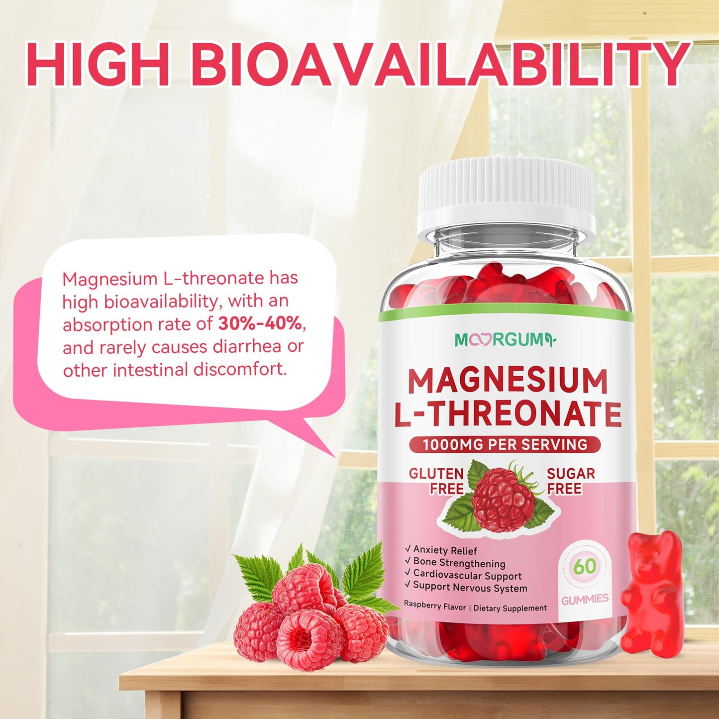 MOORGUMY Magnesium L-threonate, Memory Wellness, Cognitive Wellness and Zzz Support - High Absorption, 1,000mg Magnesium L-threonate Supplements, 120 Count Gummies