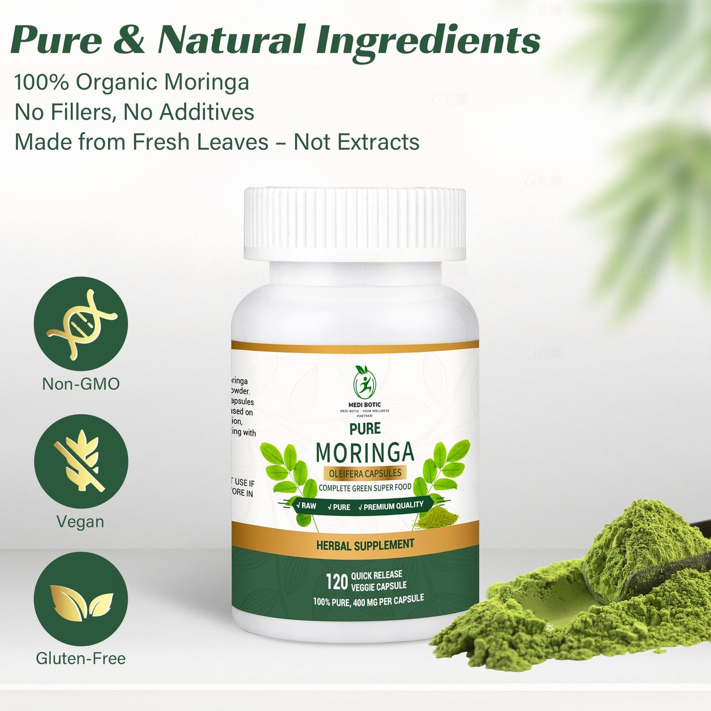 Moringa Capsules 800mg – 120 Count | Energy, Immunity, Gut Health | Non-GMO & Gluten Free
