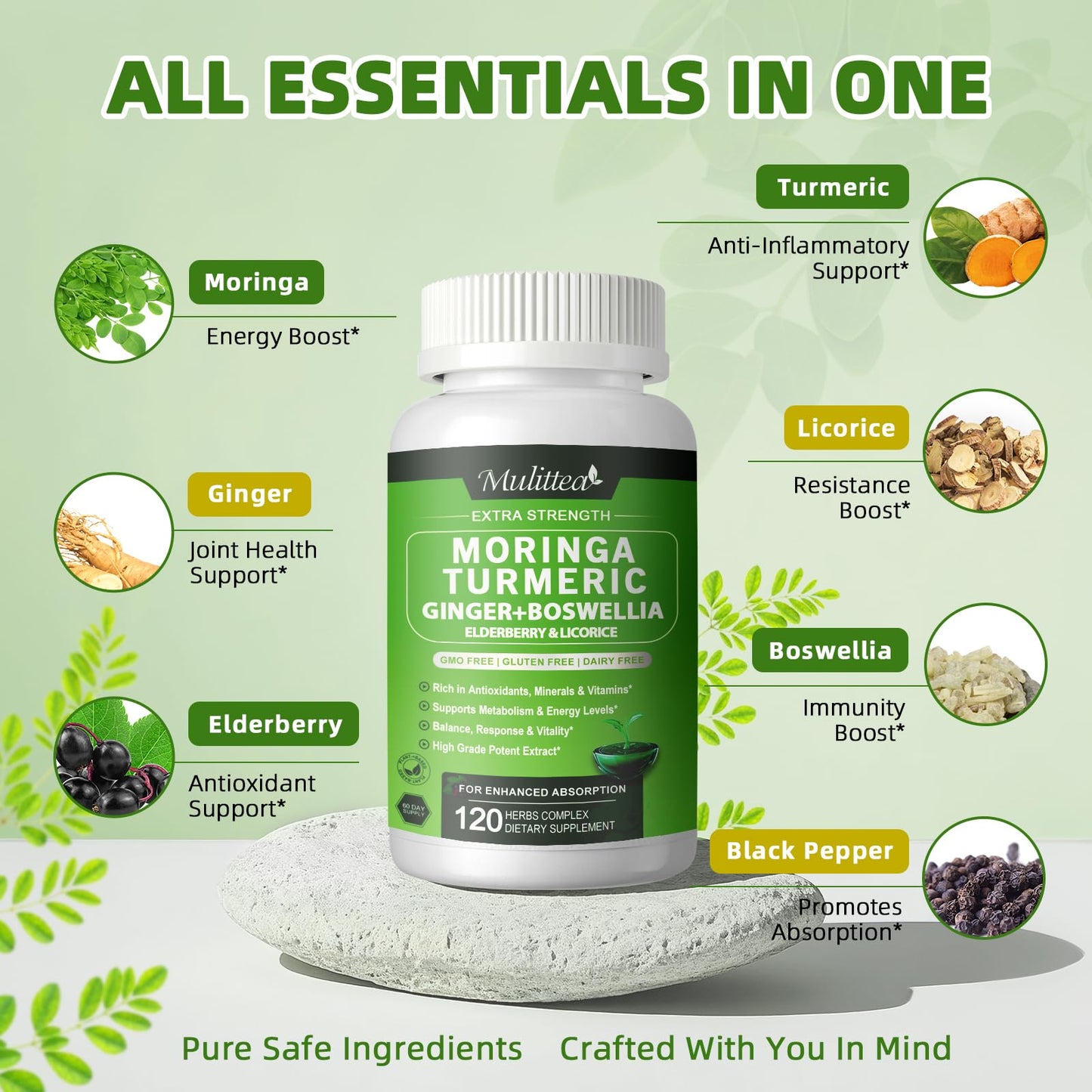 Moringa Capsules Organic 1000mg – 7-in-1 Superfood with Turmeric & Ginger | 120 Vegan Capsules
