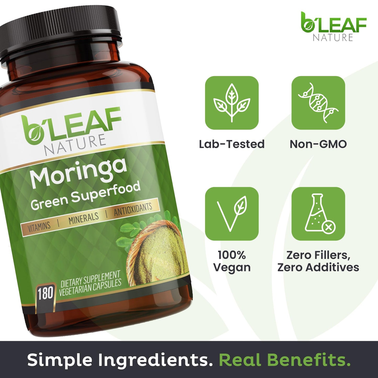 B’Leaf Nature Organic Moringa Capsules 1000mg – Immune Support, Energy & Wellness (Vegan, Non-GMO) | 180 Count