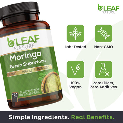 B’Leaf Nature Organic Moringa Capsules 1000mg – Immune Support, Energy & Wellness (Vegan, Non-GMO) | 180 Count