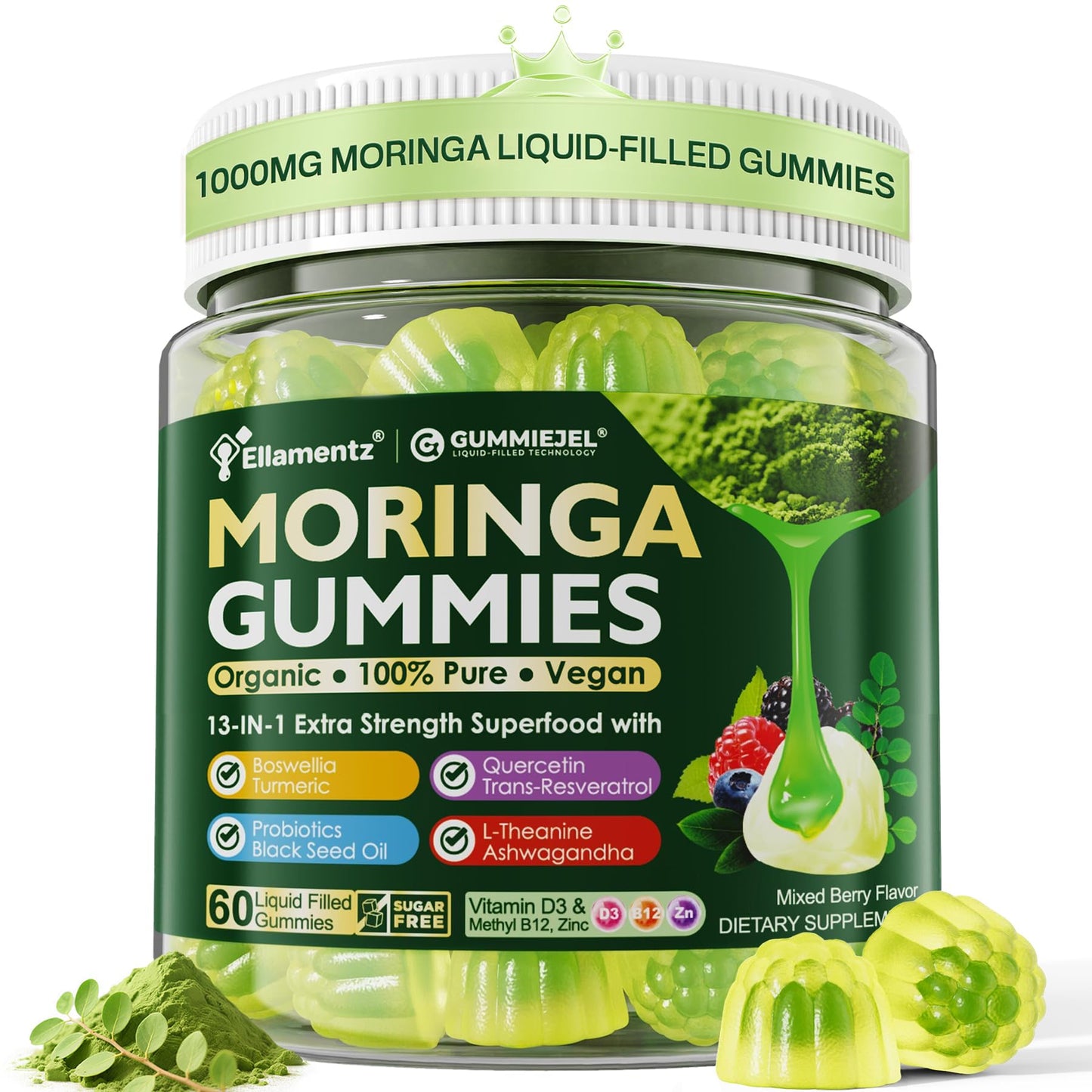 Moringa Gummies 1000mg - Sugar Free | 13-in-1 Superfood for Energy, Immunity, Skin