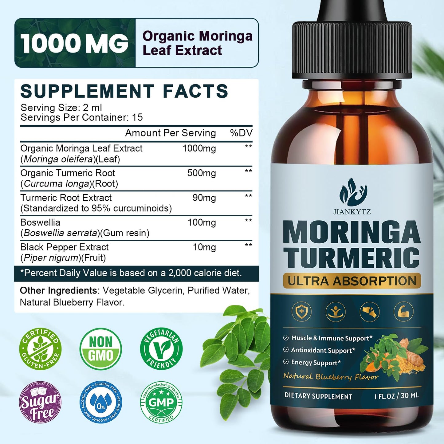 (2 Pack) Organic Moringa Leaf Extract Liquid Drops – Energy, Immune & Skin Support | 1 fl oz