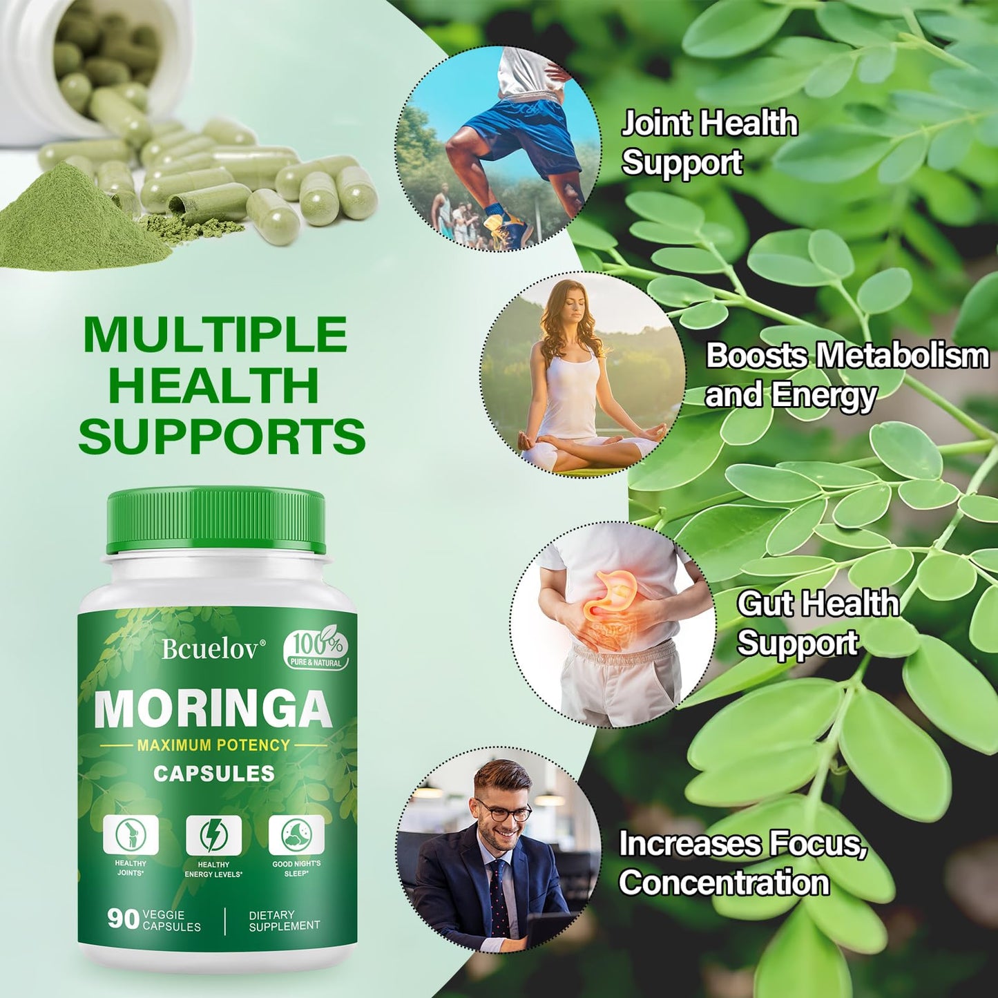 Moringa Capsules 800mg | Pure Moringa Powder Capsules for Energy, Skin & Immune Support – 90 Caps