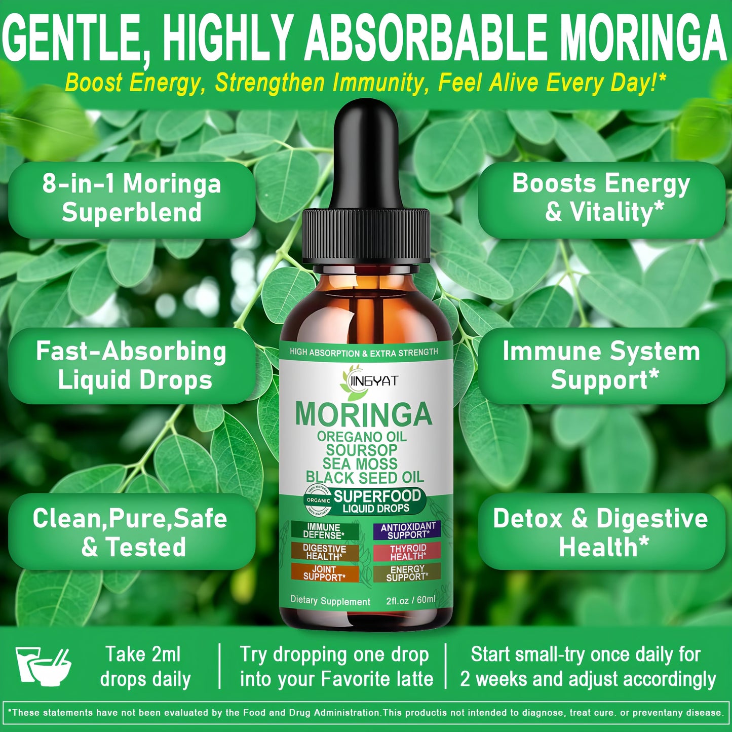 Moringa Liquid Drops — Organic High-Absorption Moringa Tincture with Soursop, Sea Moss & Black Seed Oil | Non-GMO, 30 Servings