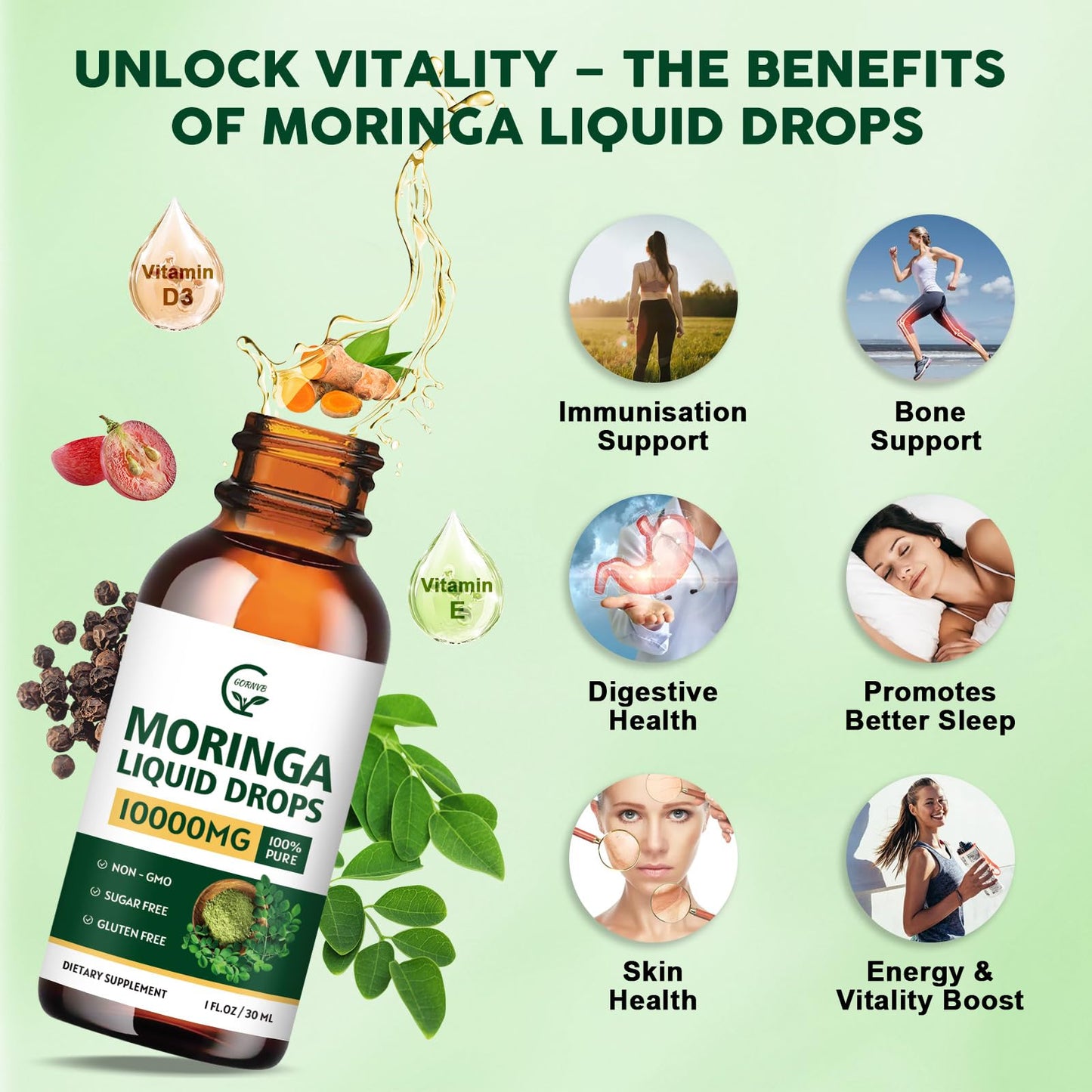 2 Pack Organic Moringa Liquid Drops with Turmeric & Black Pepper