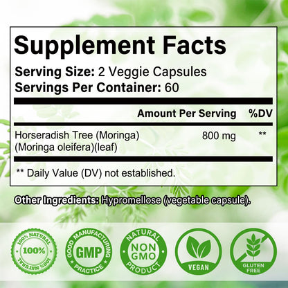 Moringa Powder Capsules – Pure Moringa Leaf, 800mg, 240 Vegan Capsules