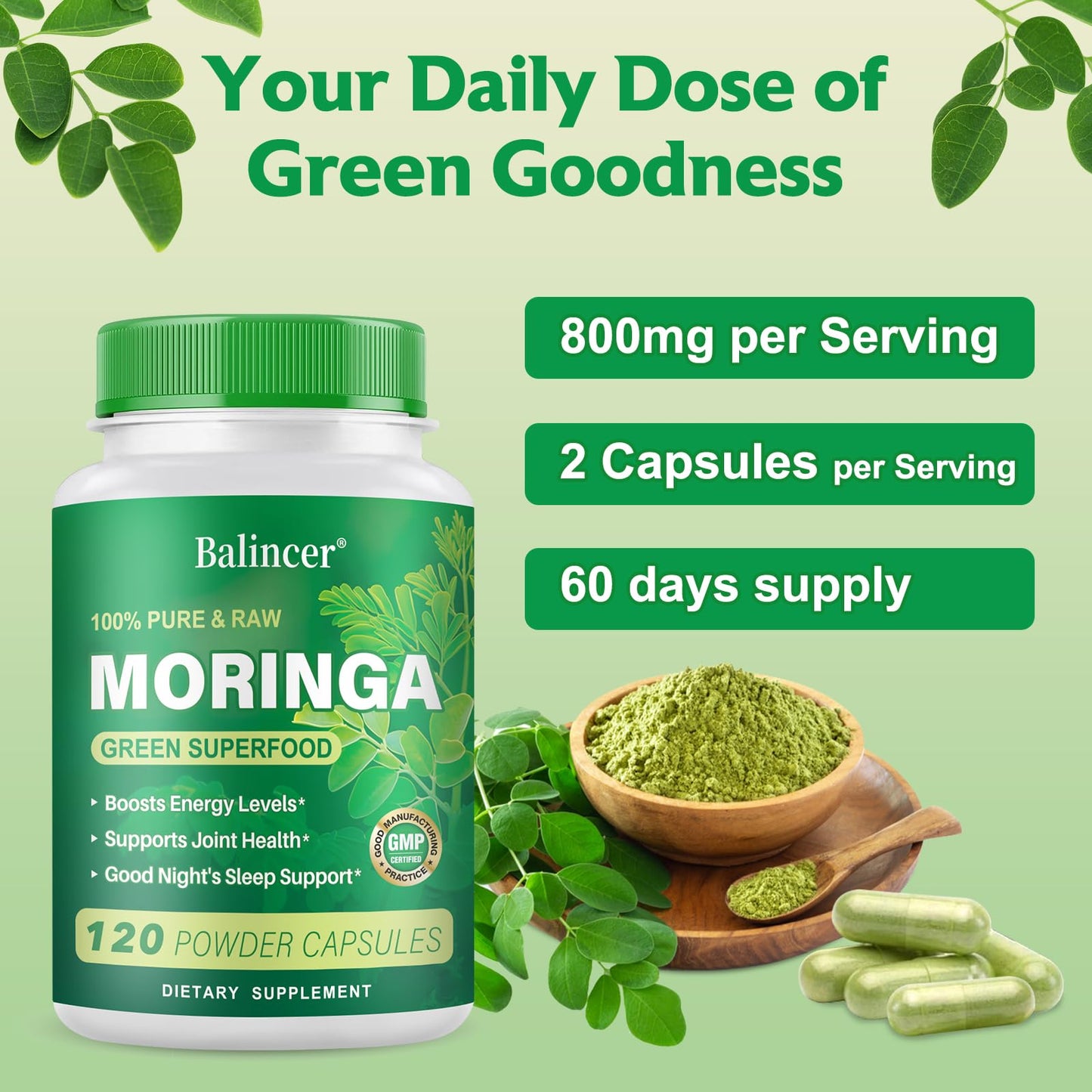Moringa Powder Capsules – Pure Moringa Leaf, 800mg, 240 Vegan Capsules