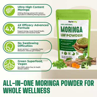 Moringa Powder Organic 2000MG - 18-in-1 Green Superfood, 60 Servings