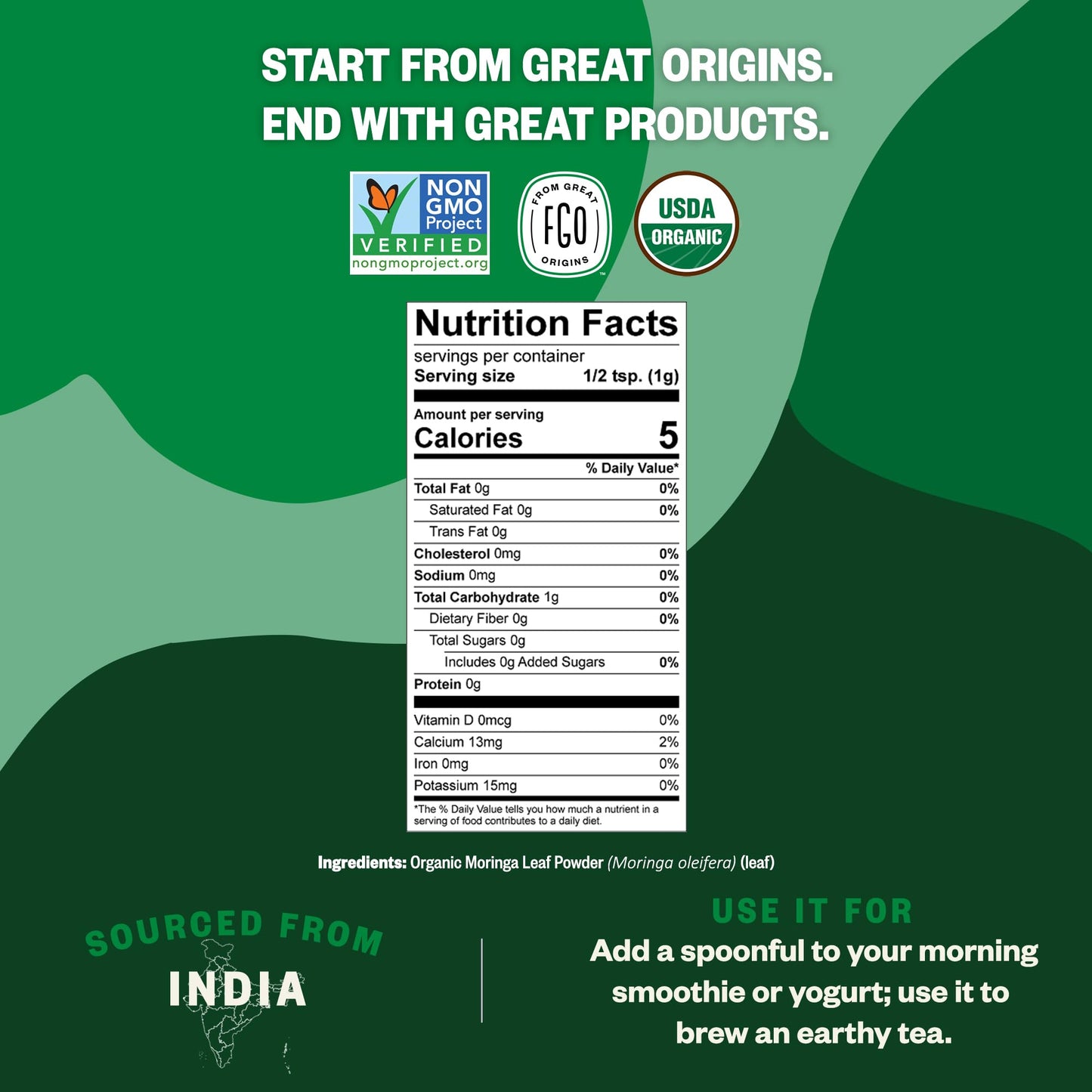 FGO Organic Moringa Leaf Powder - 16oz Resealable Pouch, Non-GMO, India Sourced